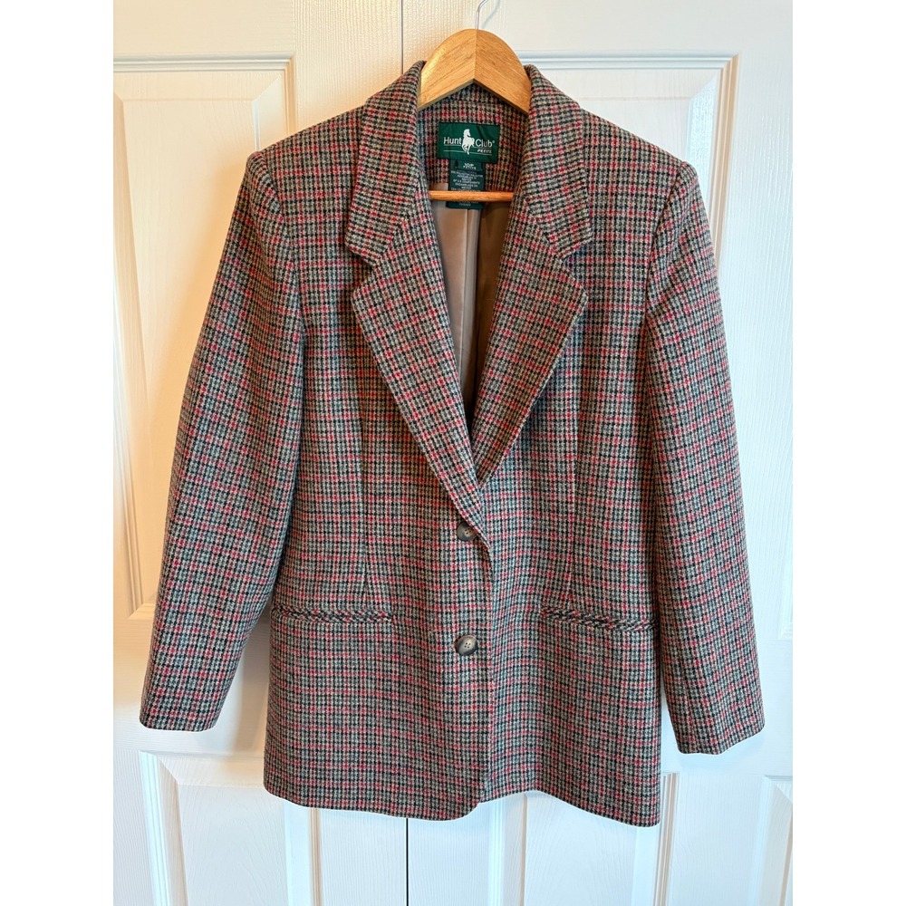 Hunt Club Petite Vintage 100% Wool Plaid Blazer Jacket Red Black Tan Size 10P